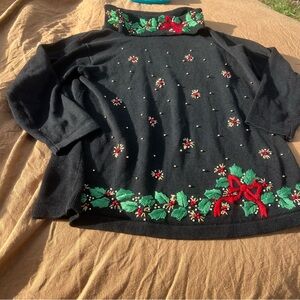 Victoria Jones Christmas Poinsettia Beaded Embroidered sweater Size XL